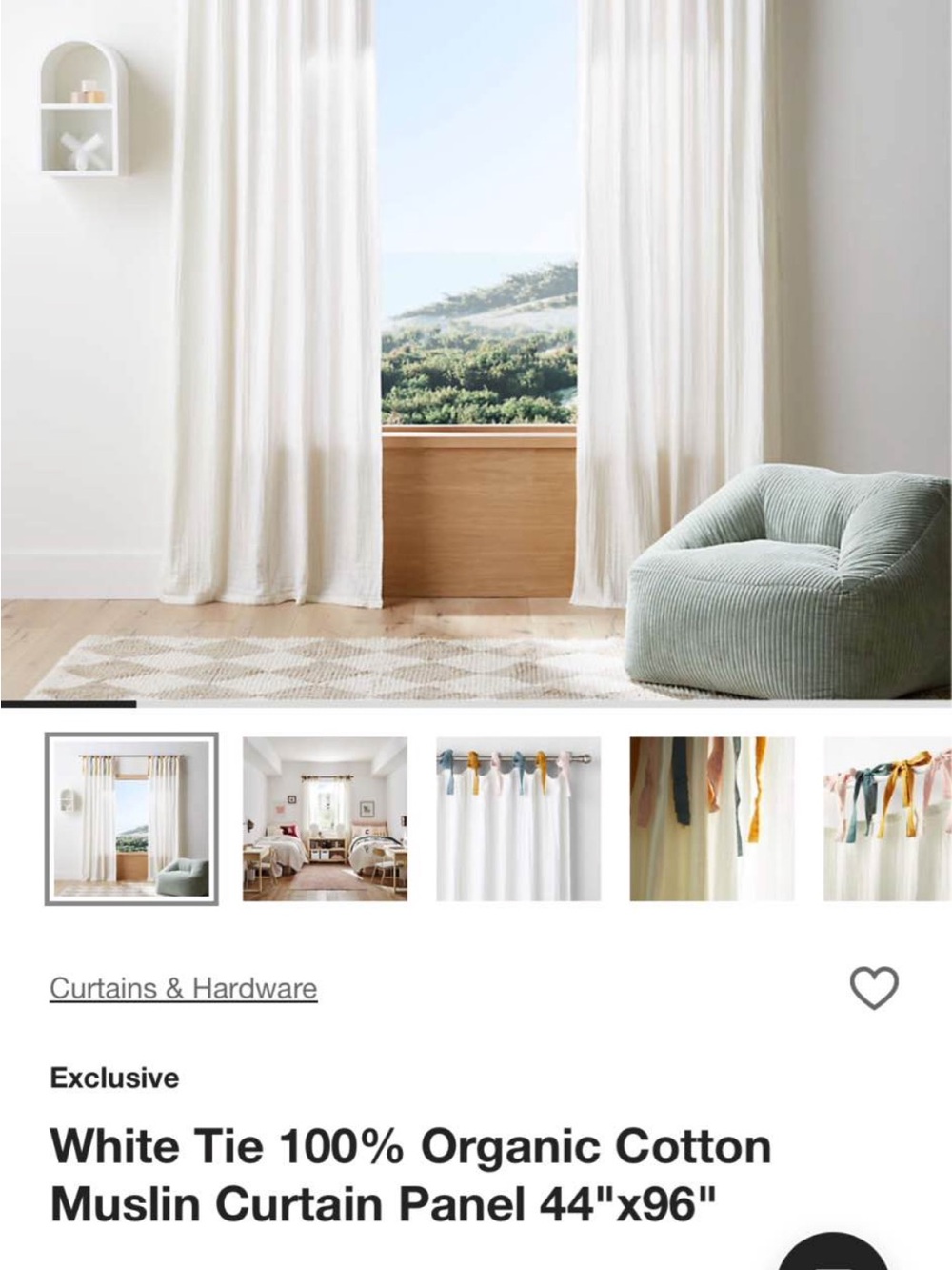 Crate&Barrel Ivory Tie-Top Organic Cotton Muslin Curtain Panel